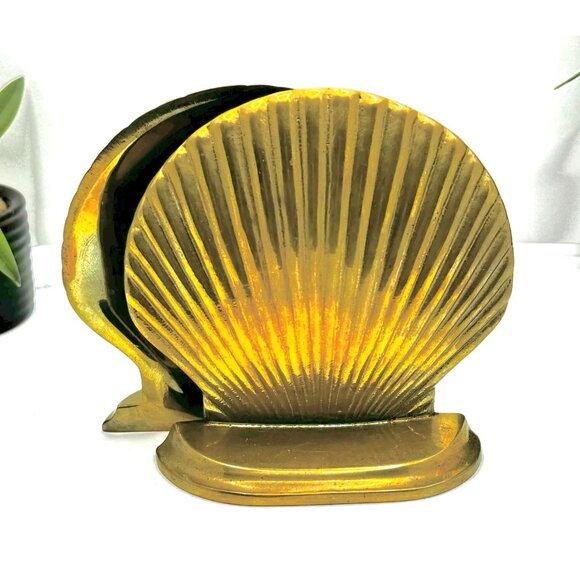 Vintage Brass Shell Bookends Pair Nautical Coastal Decor - Picture 7 of 7